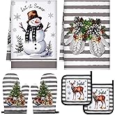 Bencailor 6 Pcs Snowman Kitchen Towel Oven Mitts and Pot Holders Set Christmas Tree Elk Dish Towels Heat Resistant Oven Gloves for Xmas Kitchen Cooking Baking Grilling