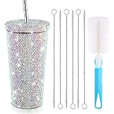 Mimorou Studded Bling Diamond Tumbler Glitter Water Bottle with Lid Stainless Steel Vacuum Thermal Straw Rhinestone Tumbler with 1 Pcs Cup Brush 6 Pcs Straw Brushes for Women(23.67 oz,AB Color)