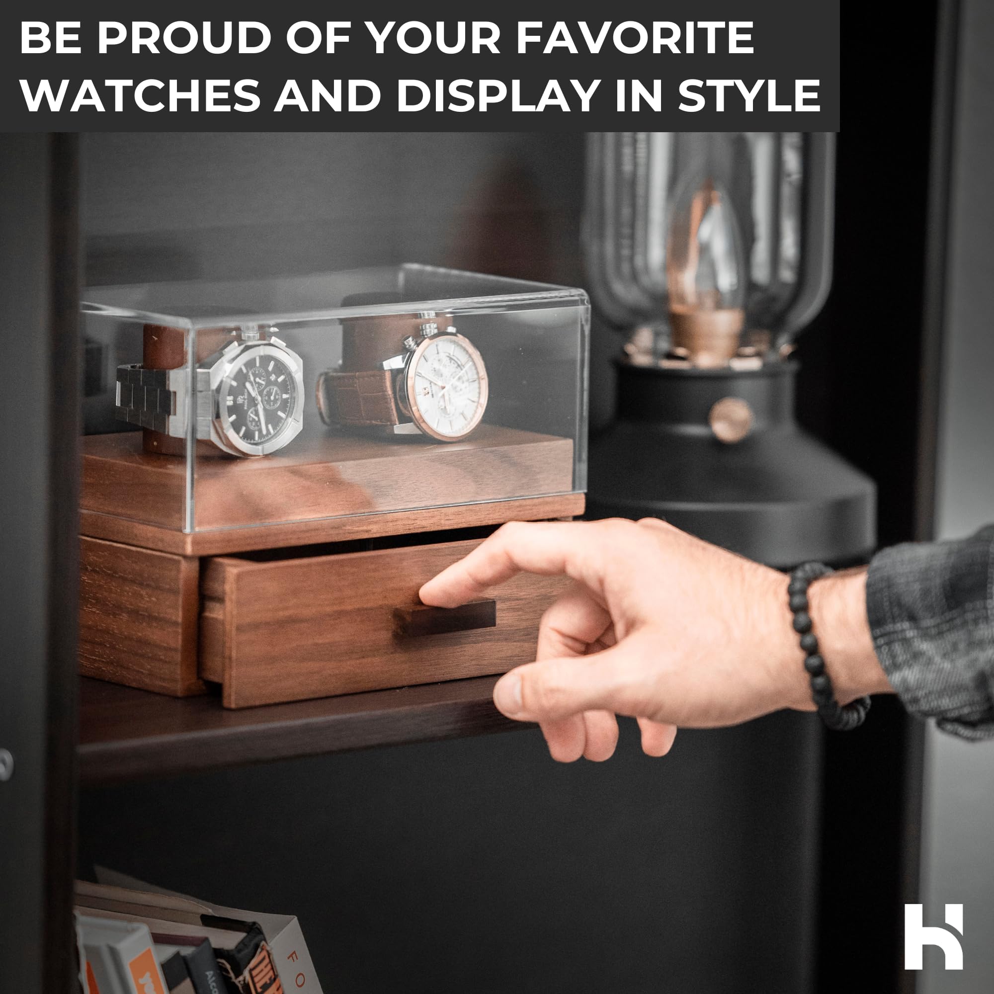 Holme & Hadfield Premium 2-Slot Wooden Watch Display Case with Lifetime Assurance – Handcrafted Men’s Watch Box with Accessory Drawer –Birthday Gift for Collectors – Luxury Built to Last