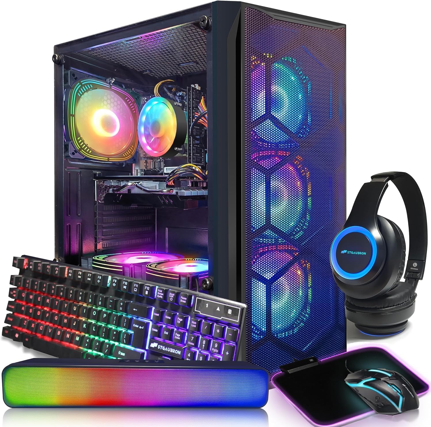 Photo 1 of ****It is used, it is missing a piece and it is not known if it is 100% functional.***STGAubron Gaming PC Desktop, Intel Core i7 up to 3.9G, Radeon RX 580 8G, 16G RAM, 1T SSD, WiFi, BT 5.0, RGB Fan x6, RGB BT Sound bar & Headphone, Windows 11 Home