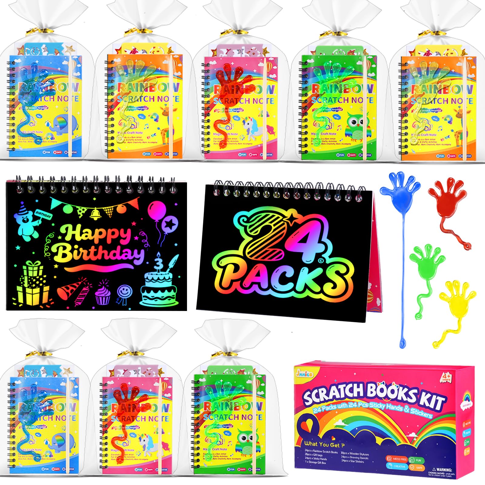 JMMICO 24 Pack Scratch Art Notebook+ Sticky Hands+ Stickers, Rainbow Scratch Art Party Favors Kids, Birthday Bulk Toys, Goodie Bags Stuffers, Girls Boys Art Craft Kit Classroom Prizes School Supplies