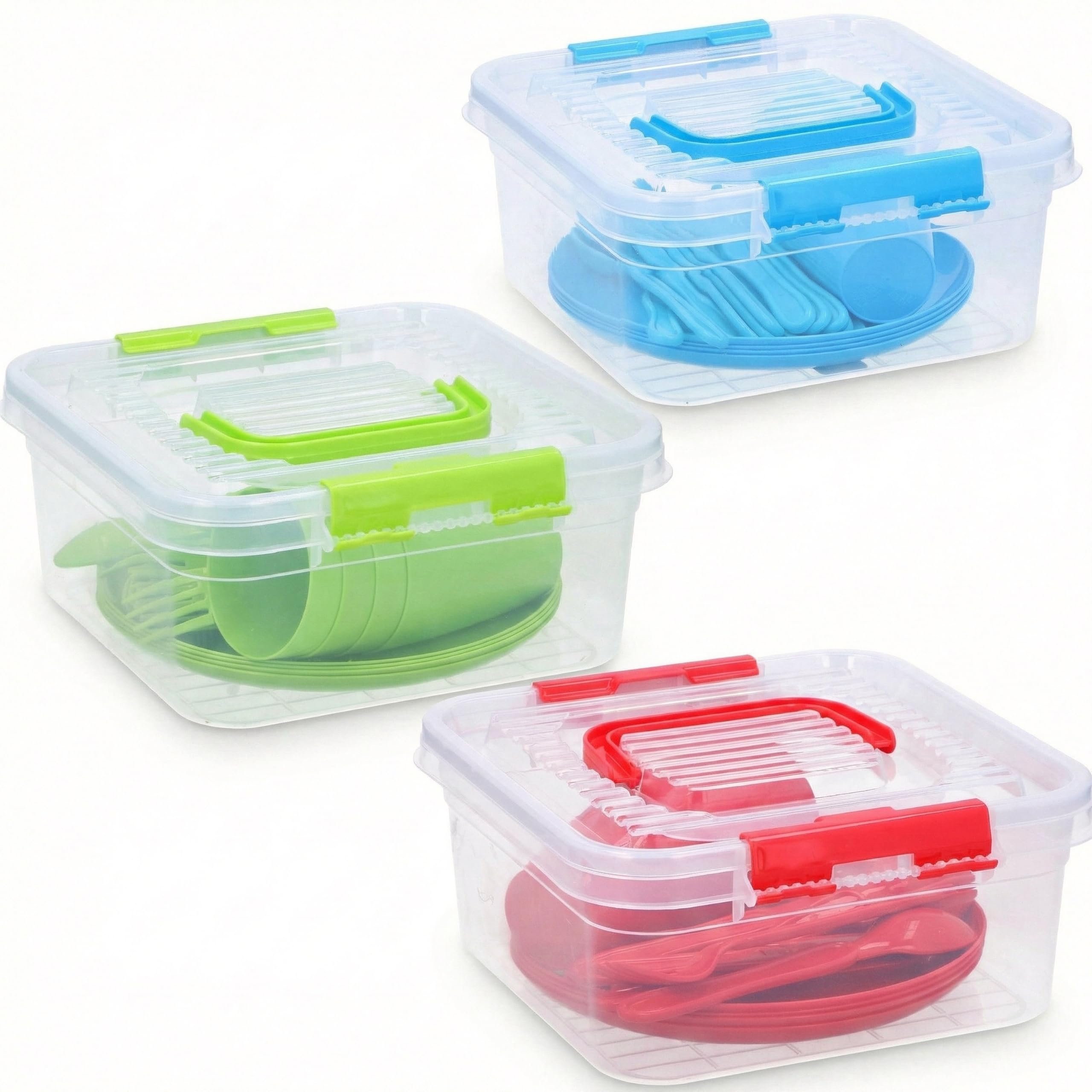 GEEZY 21 Piece Plastic Picnic Set - Reusable Camping Dinner Set for 4 with Plates, Cups, Cutlery & Storage Box - Dishwasher Safe & Portable Outdoor BBQ, Party & Kids Tableware, Assorted Colours
