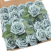 Floroom Artificial Flowers 25pcs Real Looking Dusty Blue Foam Fake Roses with Stems for DIY Wedding Bouquets Bridal Shower Centerpieces Floral Arrangements Party Tables Home Decorations