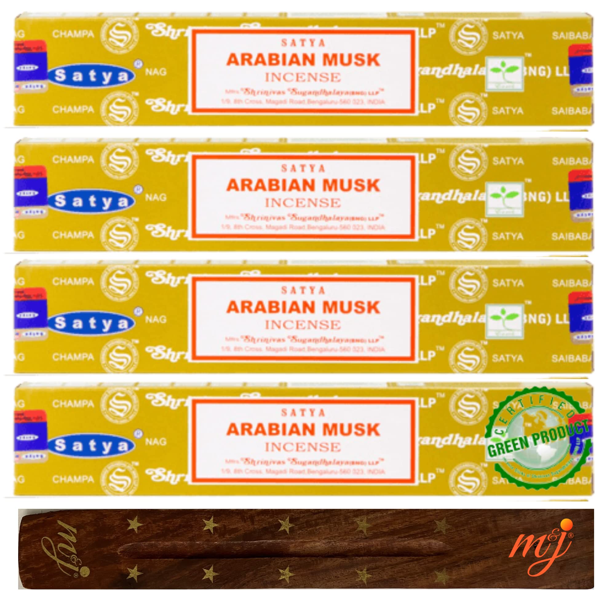 Original Satya Nag Champa Arabian Musk Incense Sticks | with M&J incense sticks holder | x4 pack | for Aromatherapy, Spa, Yoga, Weddings, Meditation, Healing, Positivity and Relaxation — image 1