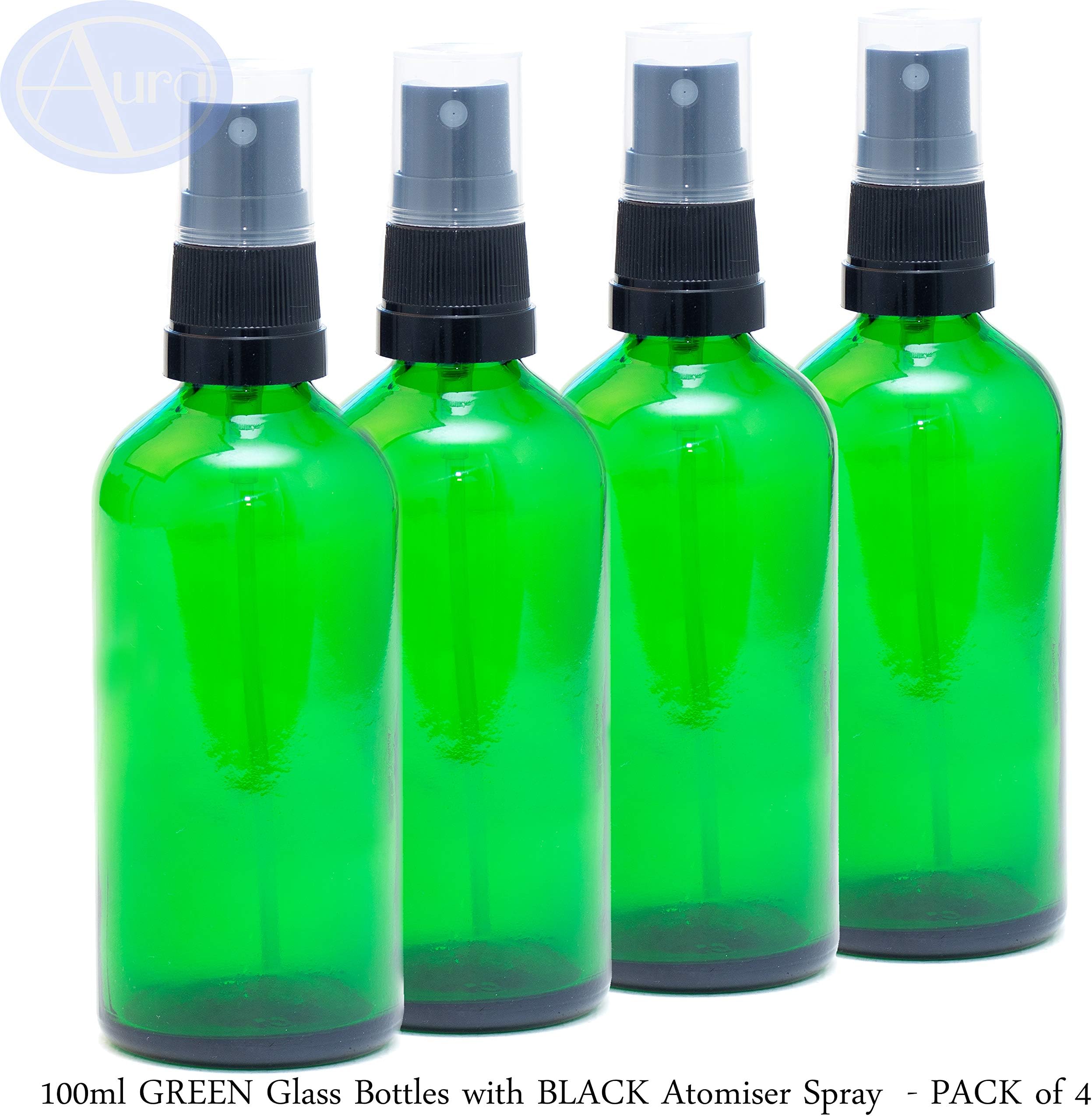 Aura 100ml GREEN Glass Bottles with Black ATOMISER Sprays - PACK of 4