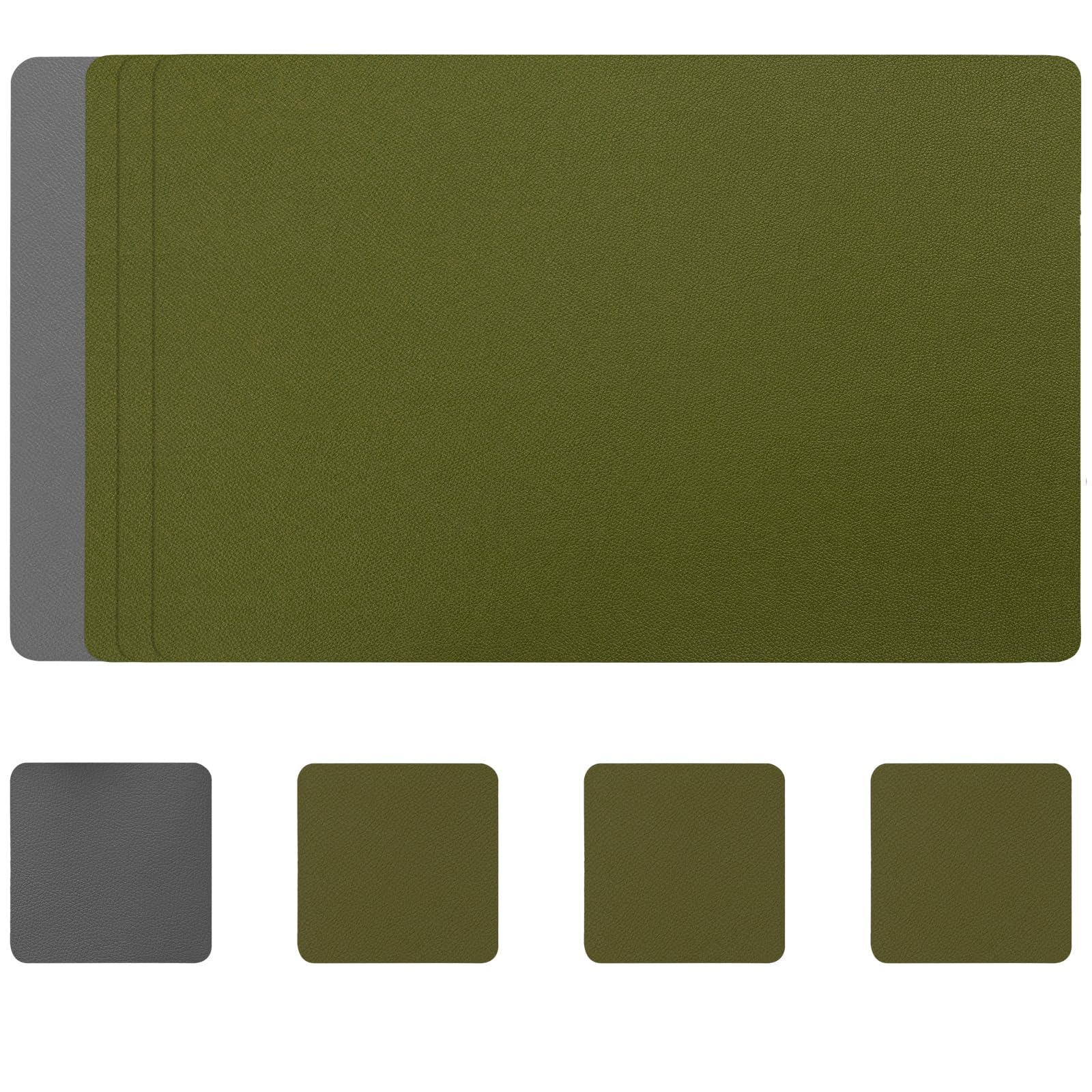 Myir JUN Leather Table Mats and Coasters, Dual-Sided Leather Placemats and Coasters Waterproof Placemats Set of 4 Place Mats Non-Slip Washable Table Mats (Grey Green, Set of 4)