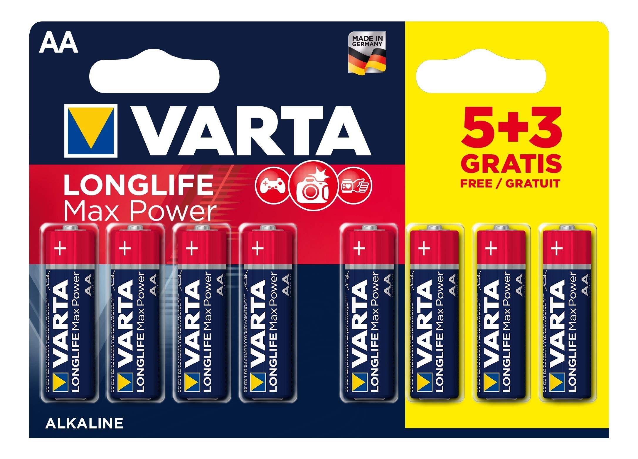Varta 4706101428 Longlife Max Power (Max Tech) Alkaline Battery, AA LR6 Style, Pack of 5 + 3 Batteries - Design may vary, Savings pack, Promotional