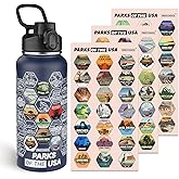 National Parks Water Bottle with 63 Waterproof Stickers,32oz Double Wall Vacuum Stainless Steel Wide Mouth Insulated Travel Water Bottle with Spout Lid,BPA-free and Leak-proof (32oz,Navy blue)