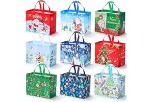 EQOREIIN Christmas Gift Bags 18 Pack - Non-Woven Reusable Holiday Gift Bags with Handles, Jumbo Xmas Tote Bags for Christmas Party, Gift Wrapping, New Year Favors & Decorations (12.8x9.8x6.7 Inches)