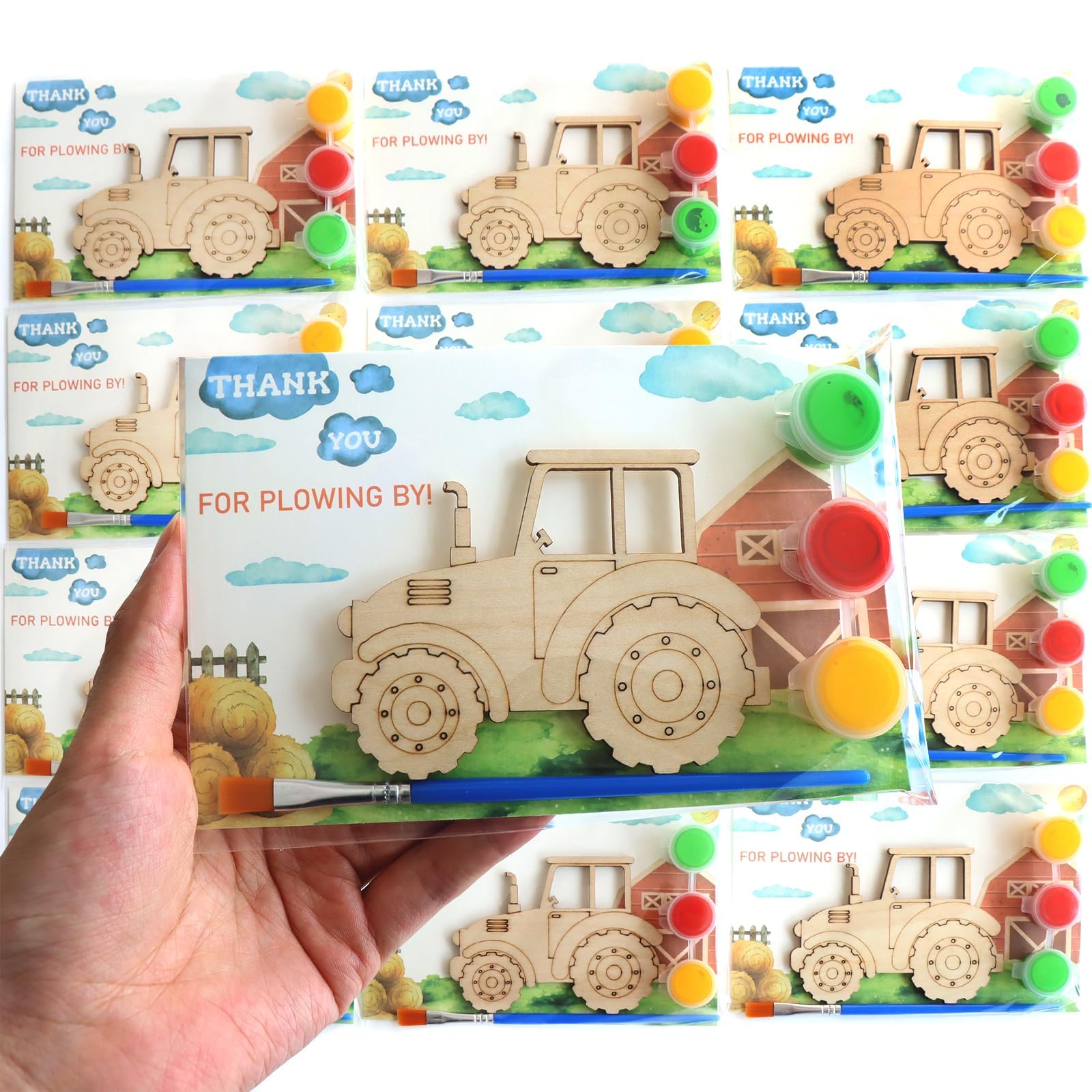 Photo 1 of 12 Pack Pre-Packaged Tractor Party Favors, Wooden Tractor Cutouts with Magnets & Painting Kits for Kids, Farm Theme Birthday Decorations & Thank You Gifts for Guests