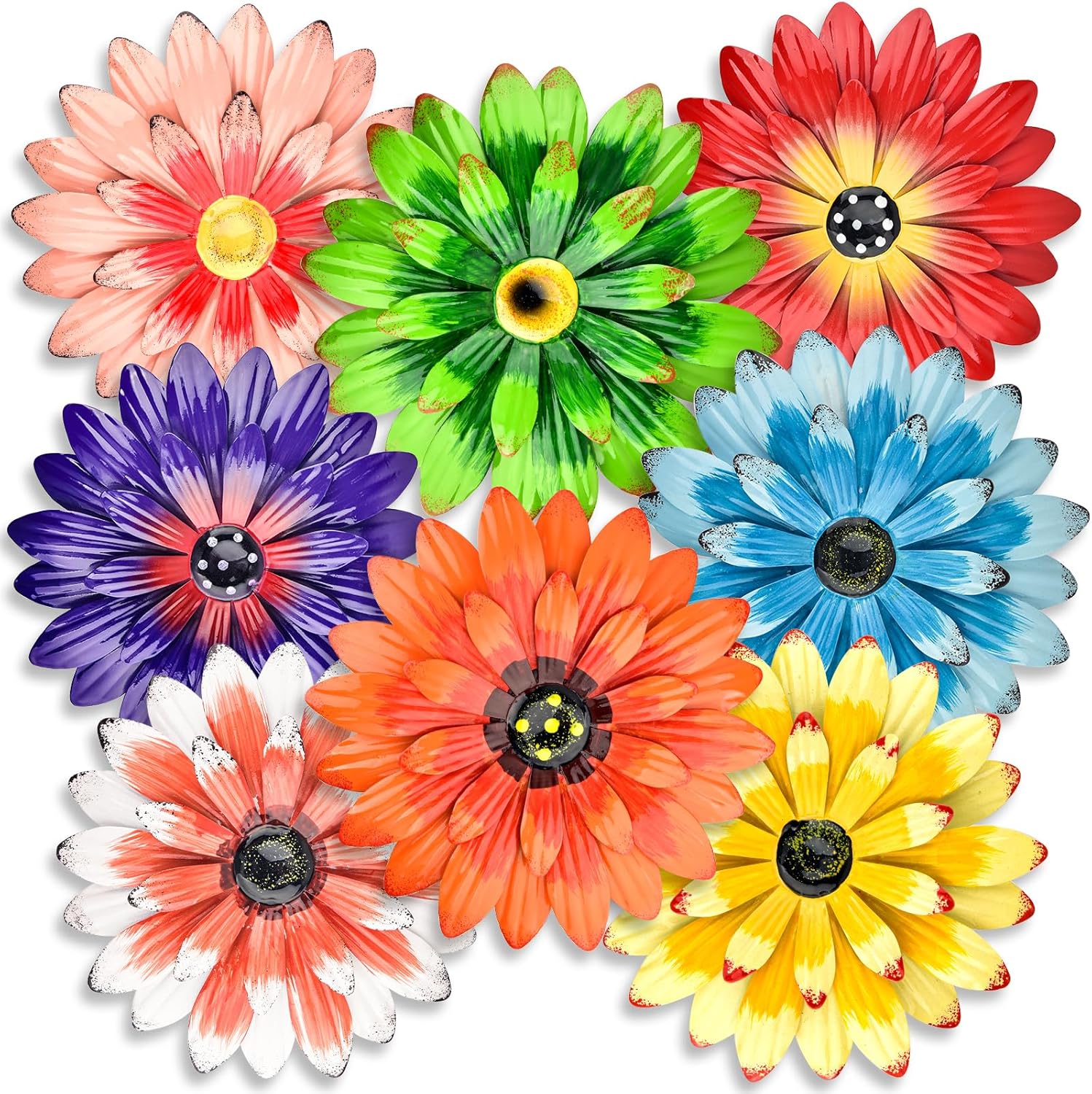 Plaques & Wall Art - 8 Pieces Metal Flower Wall Art Decor 8 Inch 3D Daisy Decor Multicolored Metal Flowers Multiple Layer Hanging Outdoor Metal Flower Art for Indoor Outdoor Home Garden Fence Decor, Classic Elegant Color