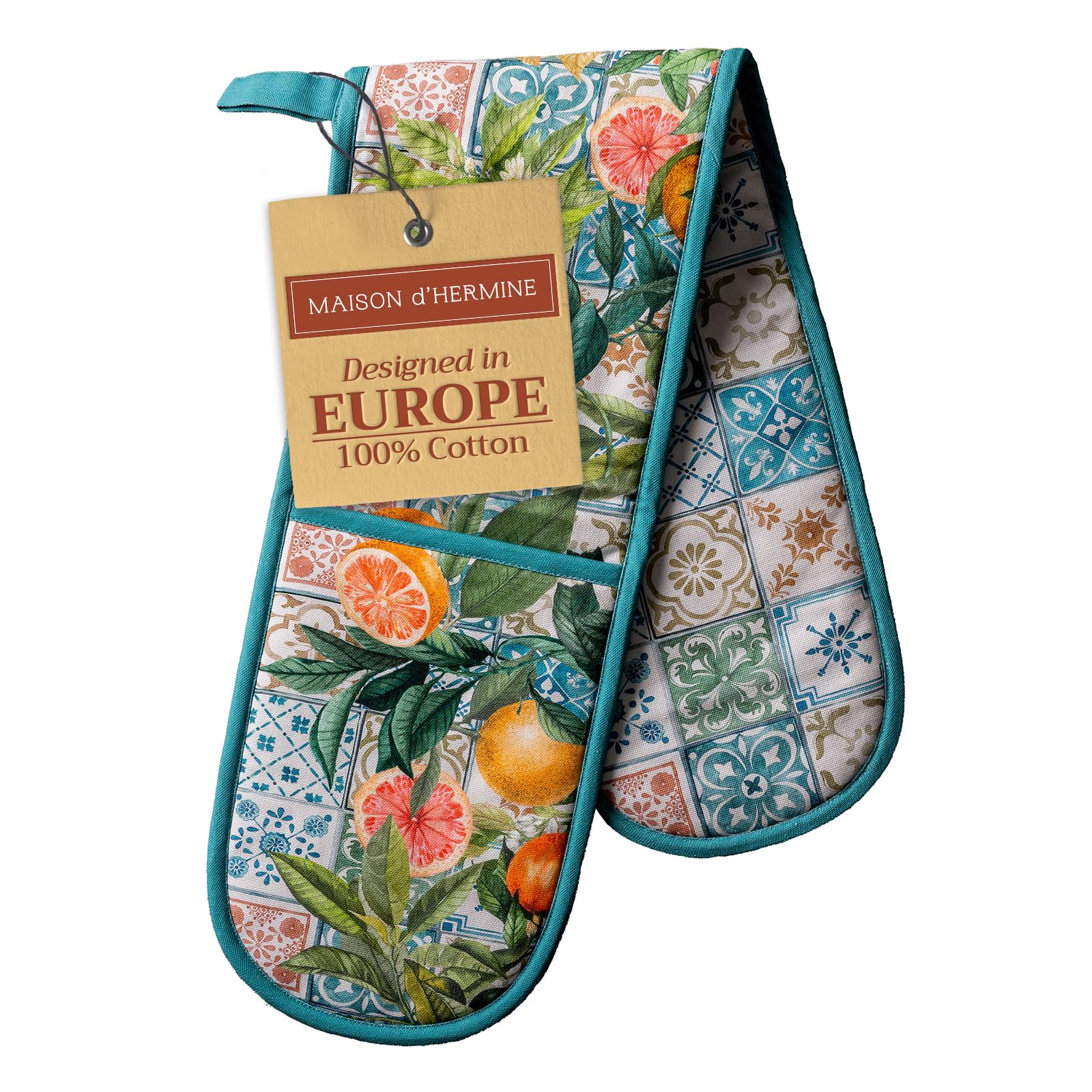 Maison d' Hermine Double Oven Mitts 100% Cotton 18 cm x 89 cm Double Oven Mitt Heat Resistant BBQ Cooking Gloves with Loop Baking Grilling Handling Hot Pans Gifts for Mothers Day (Agrume)