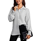 Women's Long Sleeve Striped Smocked Cuffed Shirts Oversized Boyfriend Button Down Blouses Tops
