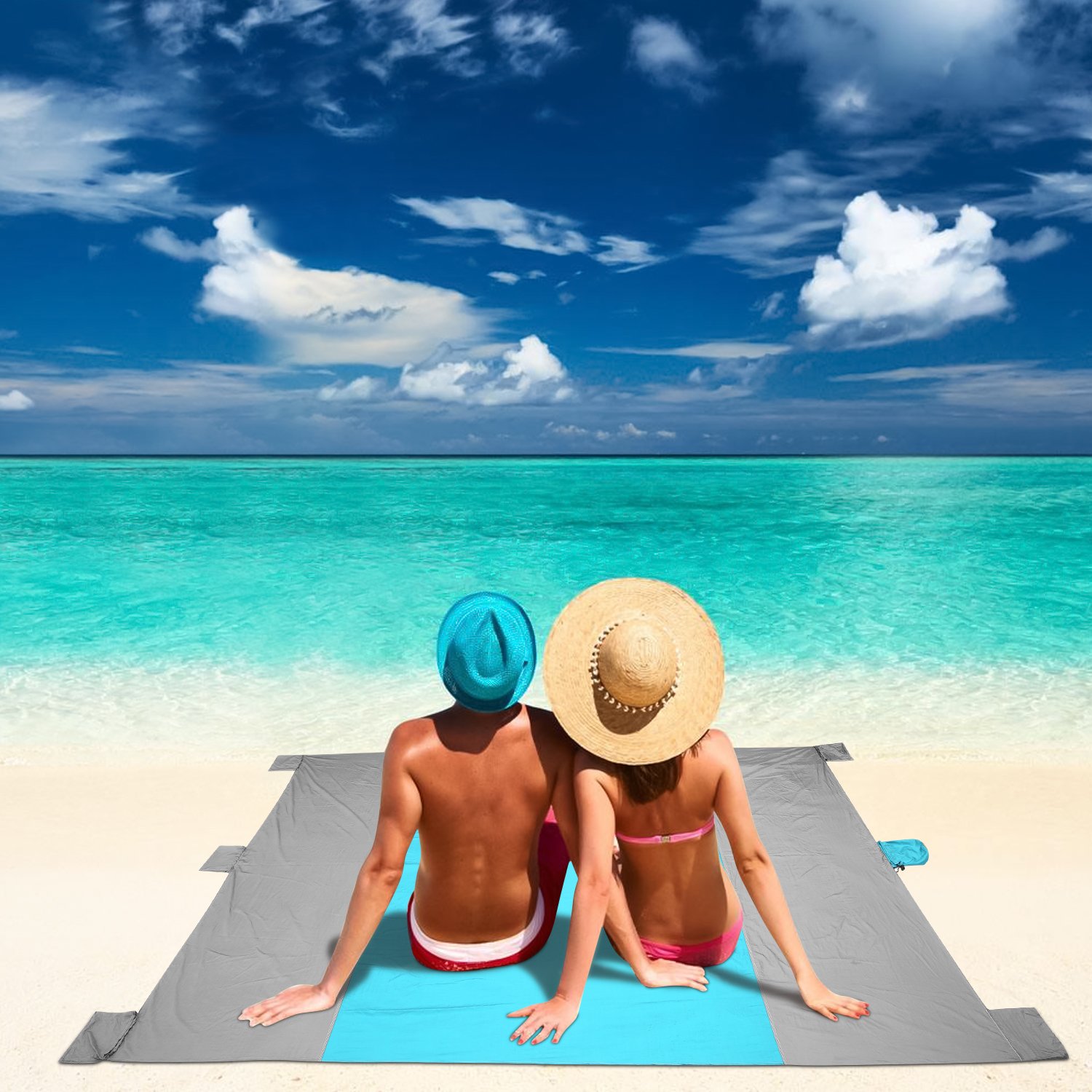 YUEBO Beach Blanket Picnic Blanket Oversized 7\' X 9\' Outdoor Nylon Beach Mat Portable Sand-proof Sand Mat with Six Anchor Pockets (dark blue, 7\' X 9\')