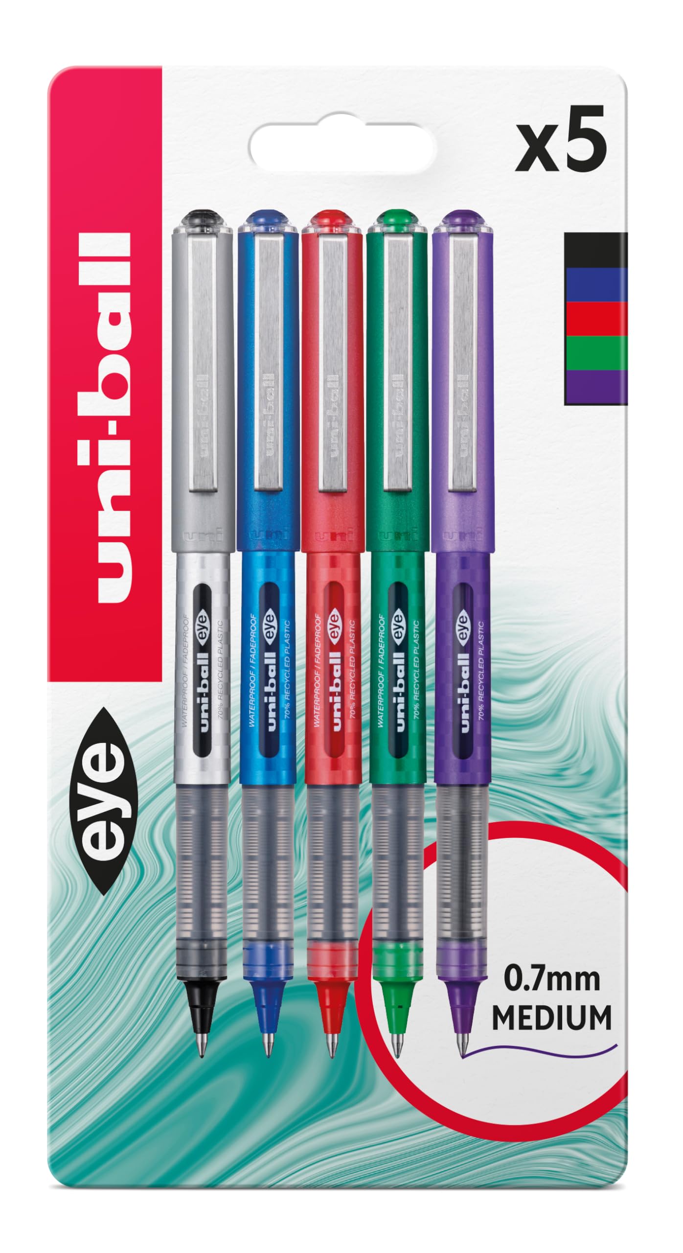 uni-ball UB-157D Eye Designer Rollerball Pens. Premium Medium 0.7mm Ballpoint Tip for Super Smooth Handwriting, Art and Drawing. Fade and Water Resistant Liquid Uni Super Ink. 5 Pack Assorted Colours
