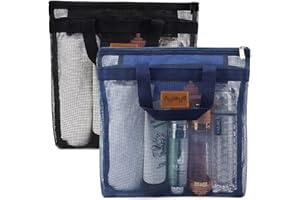 HOMMTINA 2 Pcs Shower Mesh Caddy Bag Quick Dry Hanging Toiletry and Bath Organizer for Travel and Swimming with Zipper (Dark Blue-Black)