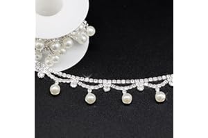 JEGOYER 1 Yard Pearl Rhinestone Tassel Trim, Elegant Crystal Close Chain Fringe Applique, Ideal for Sewing Crafts Wedding Party Christmas Clothing DIY Decoration