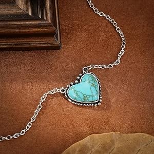 Bohemian Turquoise Jewelry for Women - Heart Pendant Necklace, Stud Earrings & Joint Knuckle Rings, Western-Inspired Gift