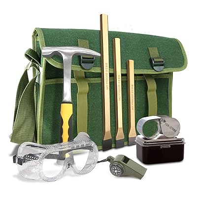 Rock Hounding &amp; Gem Mining Geology Tool Kit (8-Piece Rock Prospecting Set) with Rock Pick Hammer, 3 Piece Digging Tools Chisel Set, Musette Bag, Compass &amp; Whistle, Safety Goggles, and Jewelry Loupe