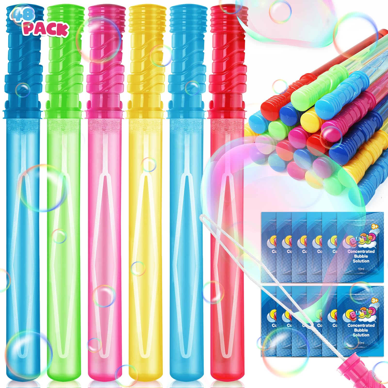 Photo 1 of 48 Pack 14’’ Bubble Wands, Big Bubble Wands With 48 Bubble Refill Solution, Bubbles Party Supplies For Easter, Birthday, Wedding, Summer Outdoor/indoor Activity, Bubbles Party Favors For Kids(6 Color)