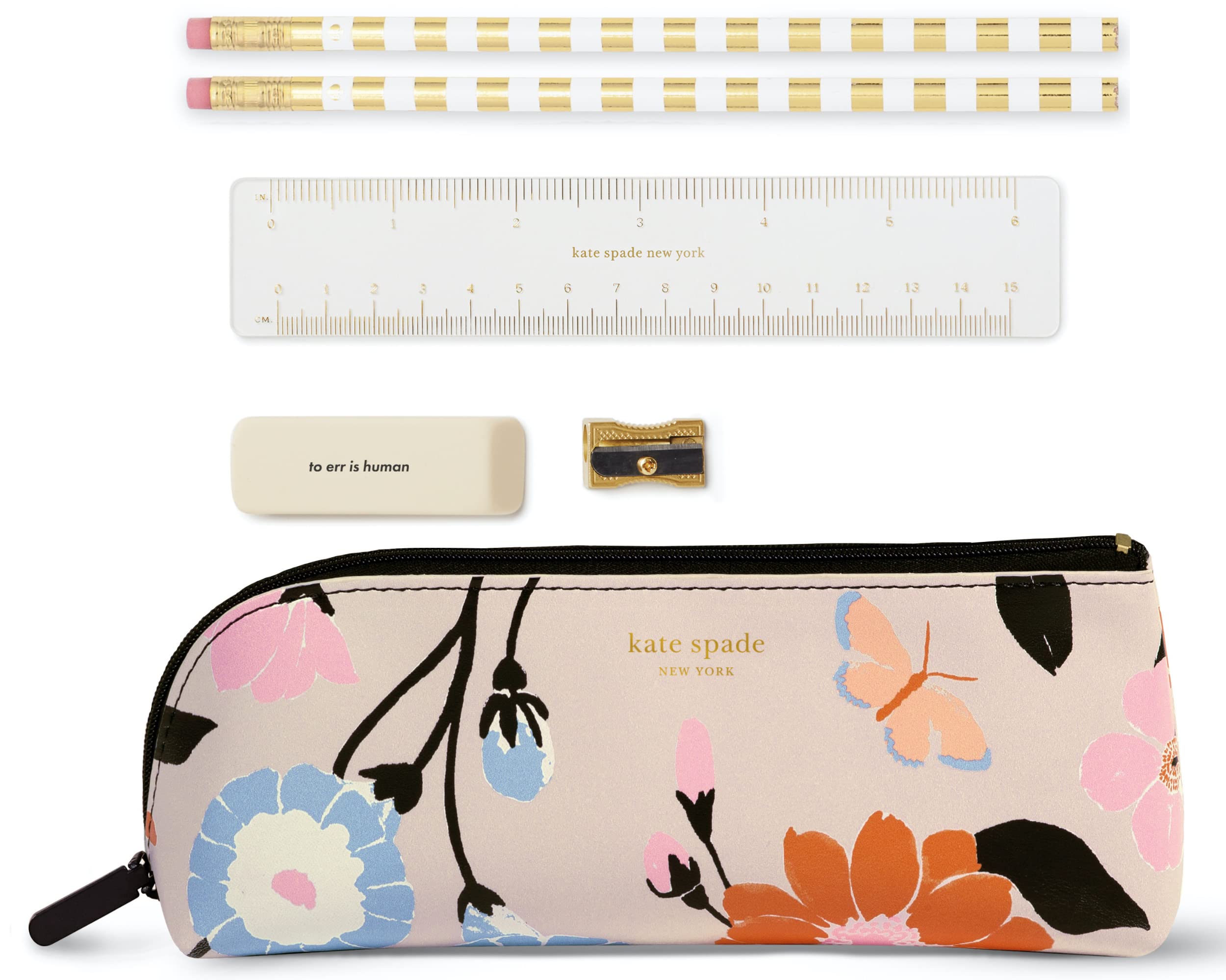 Kate Spade New York Pen and Pencil Case with School Supplies, Zip Pouch Includes 2 Pencils, Sharpener, Eraser, and Ruler, Floral Garden