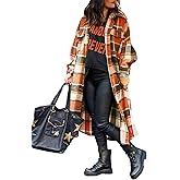 UANEO Plaid Coat Women Button Down Long Plaid Jacket Fall Flannel Trench Coat