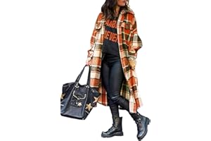 UANEO Plaid Coat Women Button Down Long Plaid Jacket Fall Flannel Trench Coat