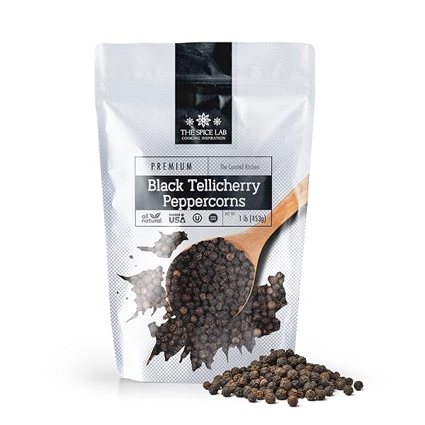 THE SPICE LAB – BLACK TELLICHERRY PEPPERCORNS FOR GRINDER PACKED IN THE USA – STEAM STERILIZED KOSHER NON-GMO ALL NATURAL BLACK PEPPER 5015 (1 LB RESEALABLE BAG)