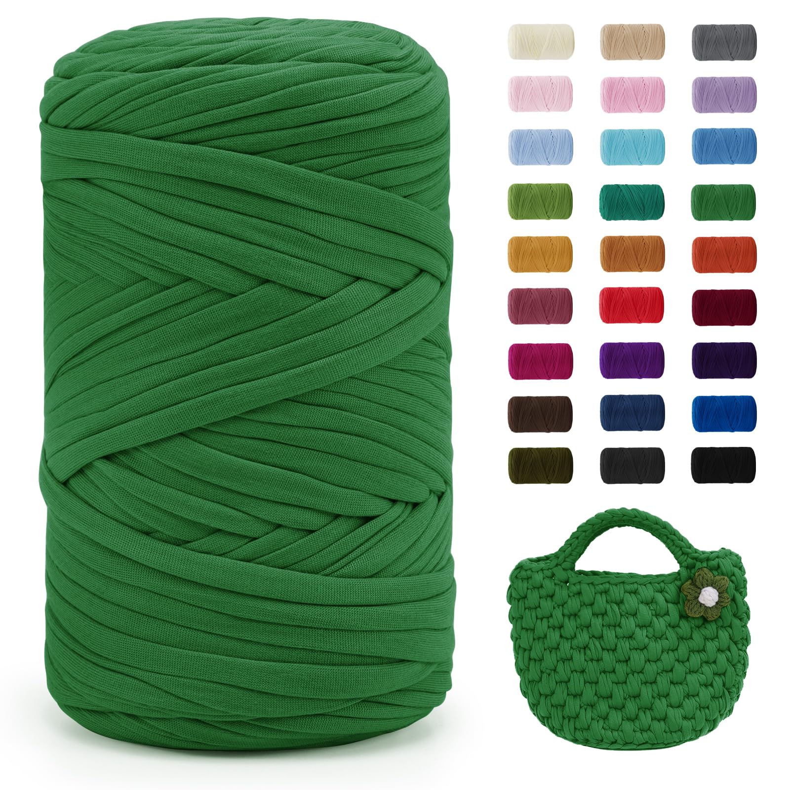 Uiopa Grass Green T-Shirt Yarn, 400g/120m Elastic Fabric Crochet Cloth T Shirt Yarn, Chunky Hand Knitting Polyester Ribbon for Crocheting Bags/Baskets/Rugs, Home Decor, DIY Crafts
