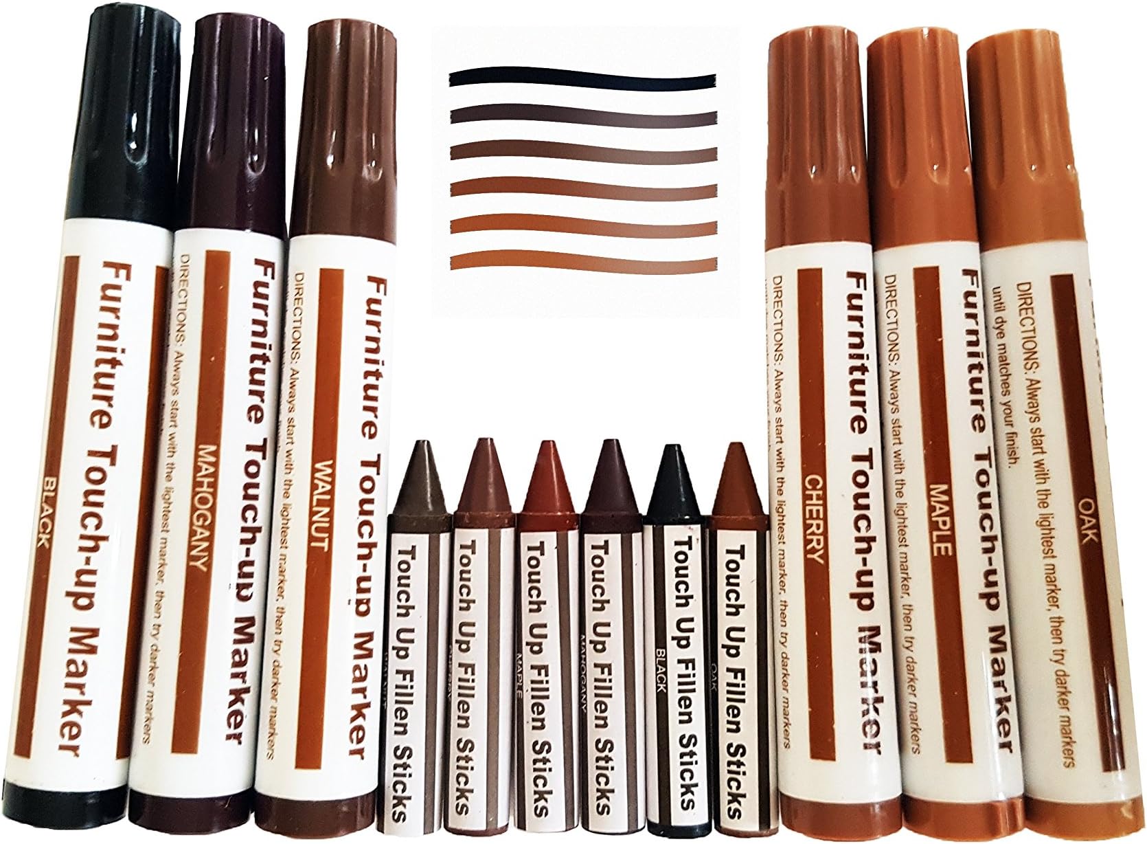 PASTORES Brand New Total Furniture Repair System - 12 Piece Scratch Restore & Repair Touch-Up Kit - 6x Felt Tip Markers / Pens, and 6x Wax Stick Crayons. Colours are - Oak, Maple, Cherry, Walnut, Mahogany, Black (Ash). Ideal for scratch repairs on tables, chairs, sideboards, chests of drawers and other furniture as well as laminate floors and wood flooring