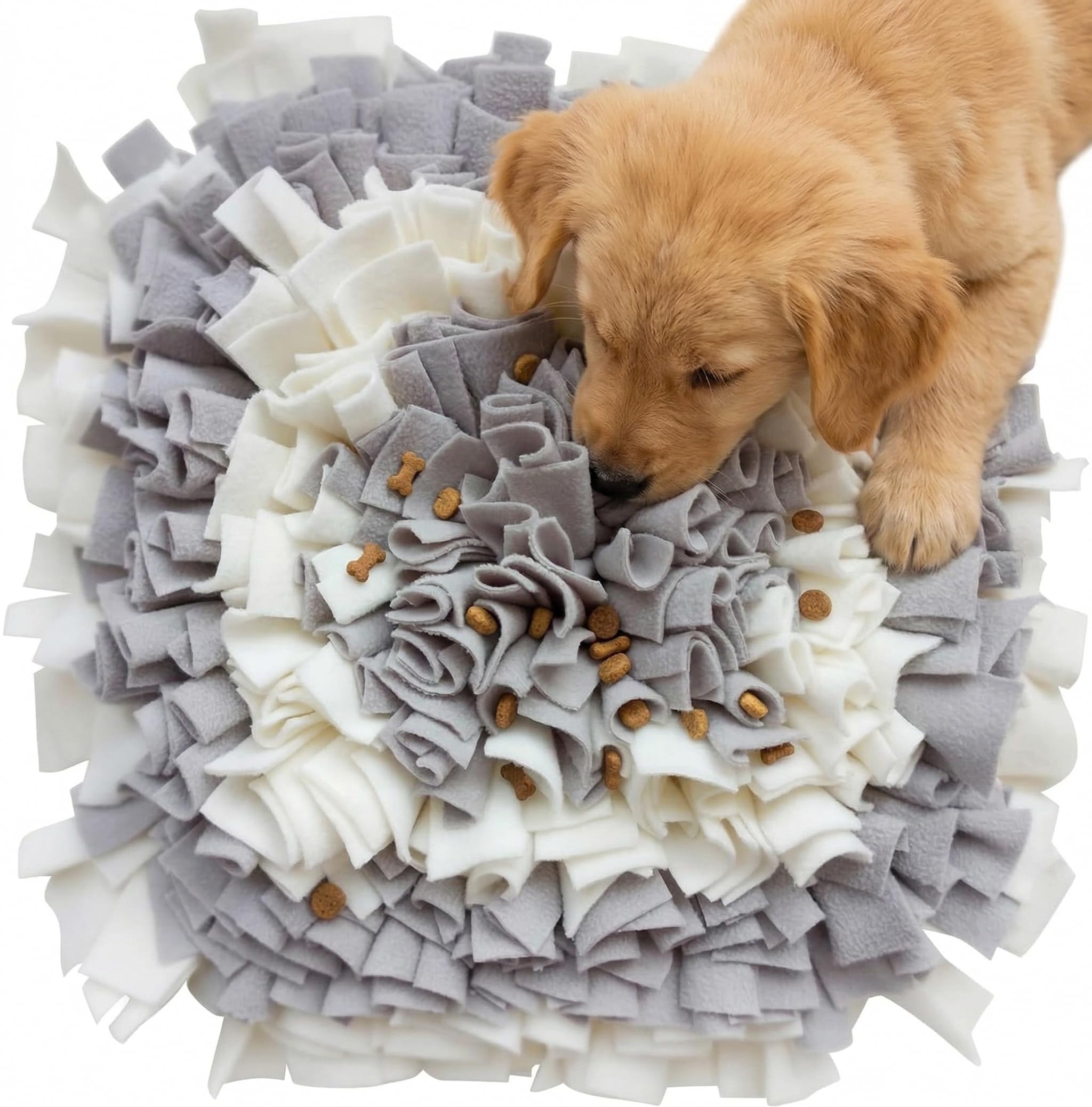 YEAKOO Dog Snuffle Mat, Hand Woven Dog Sniffing Pad Soft Pet Nose Work Smell Snuffle Mat Training Feeding Foraging Skill Blanket Dog Play Mats Puzzle Toys 45cmx45cm (Grey/White)