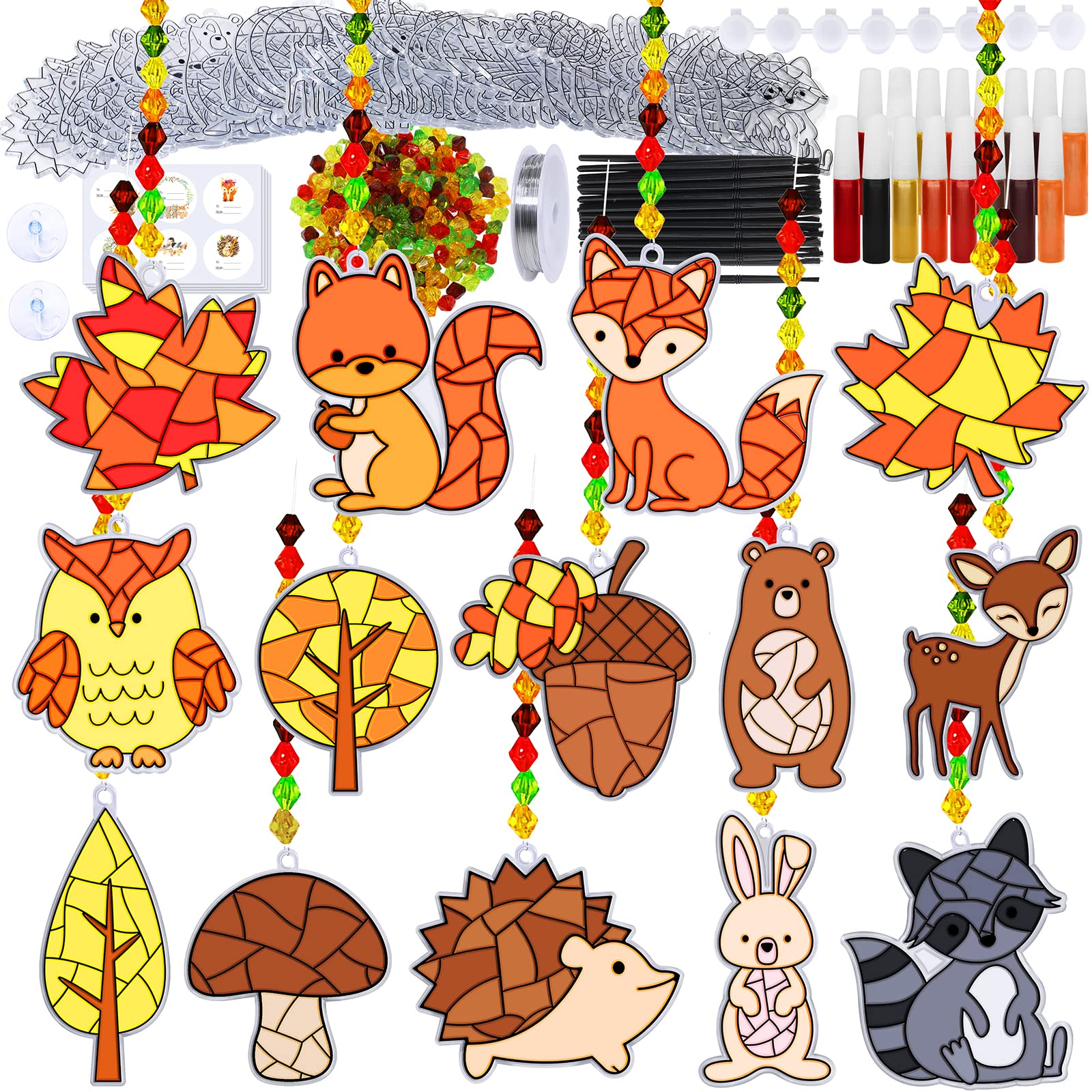 Photo 1 of Winlyn 28 Sets Woodland Creatures Suncatchers Ornaments Decorations DIY Window Paint Art Suncatchers Fall Craft Kits Autumn Forest Animals Sun Catchers for Kids Holiday Classroom Activity Art Project