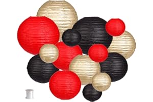 zilue Paper Lanterns Decorative, Round Hanging Paper Lanterns Decorations for Wedding Graduation Anniversary Birthday Party Supplies Black/Gold/Red 15pcs