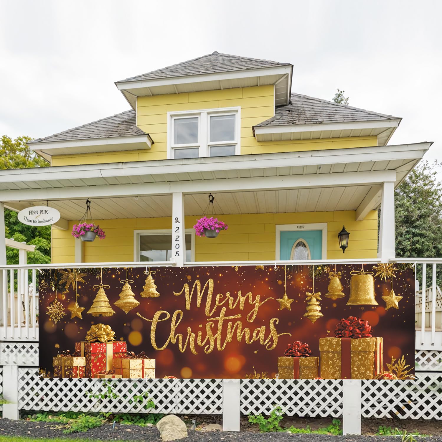 Photo 1 of 10x3 ft Red background Merry Christmas Banner Outdoor 115''x35'' Christmas Winter Holidays Decorations Banner for Fence Outside banner for Garden Party