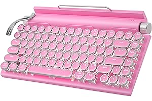 TAIAHIRO Retro Typewriter Keyboard Wireless, Mechanical Gaming Vintage Keyboard 83-Key Blue Switches Punk Round Keycap, 14 Modes LED Backlight, Type-C, Bluetooth 5.0，Compatible with PC/Laptop/Pad/Phone, Pink