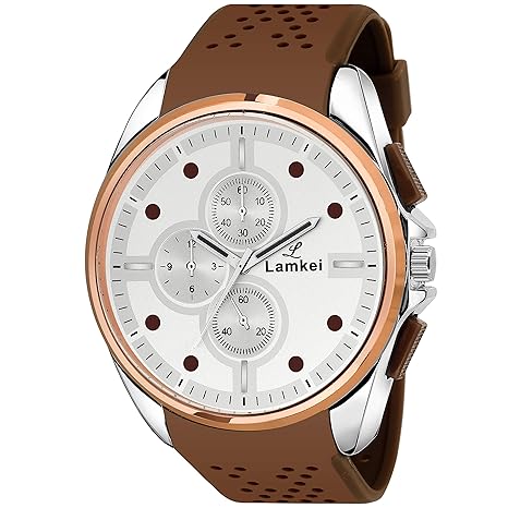 Lamkei LMK-0167 Watch for Men - Fashion Sports Luxury Casual Analogue Quartz White Dial Brown Synthetic Strap Stylish Latest Mens Watch