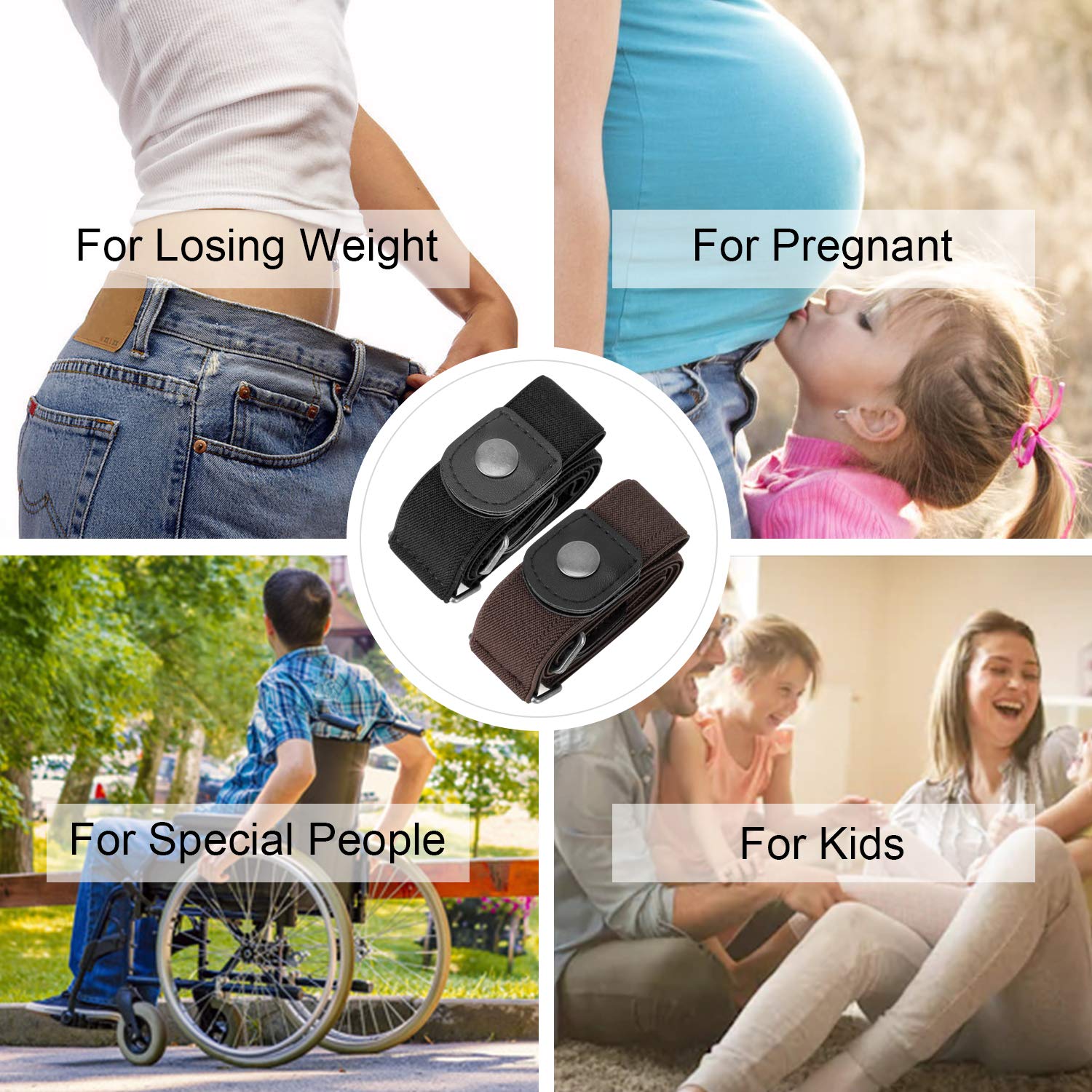 2 Pack Buckle Free Women Stretch Belt for Women/Men, Plus Size No Buckle Invisible Elastic Belts for Jeans Pants by WHIPPY, black+coffee, small size 24-34 inches