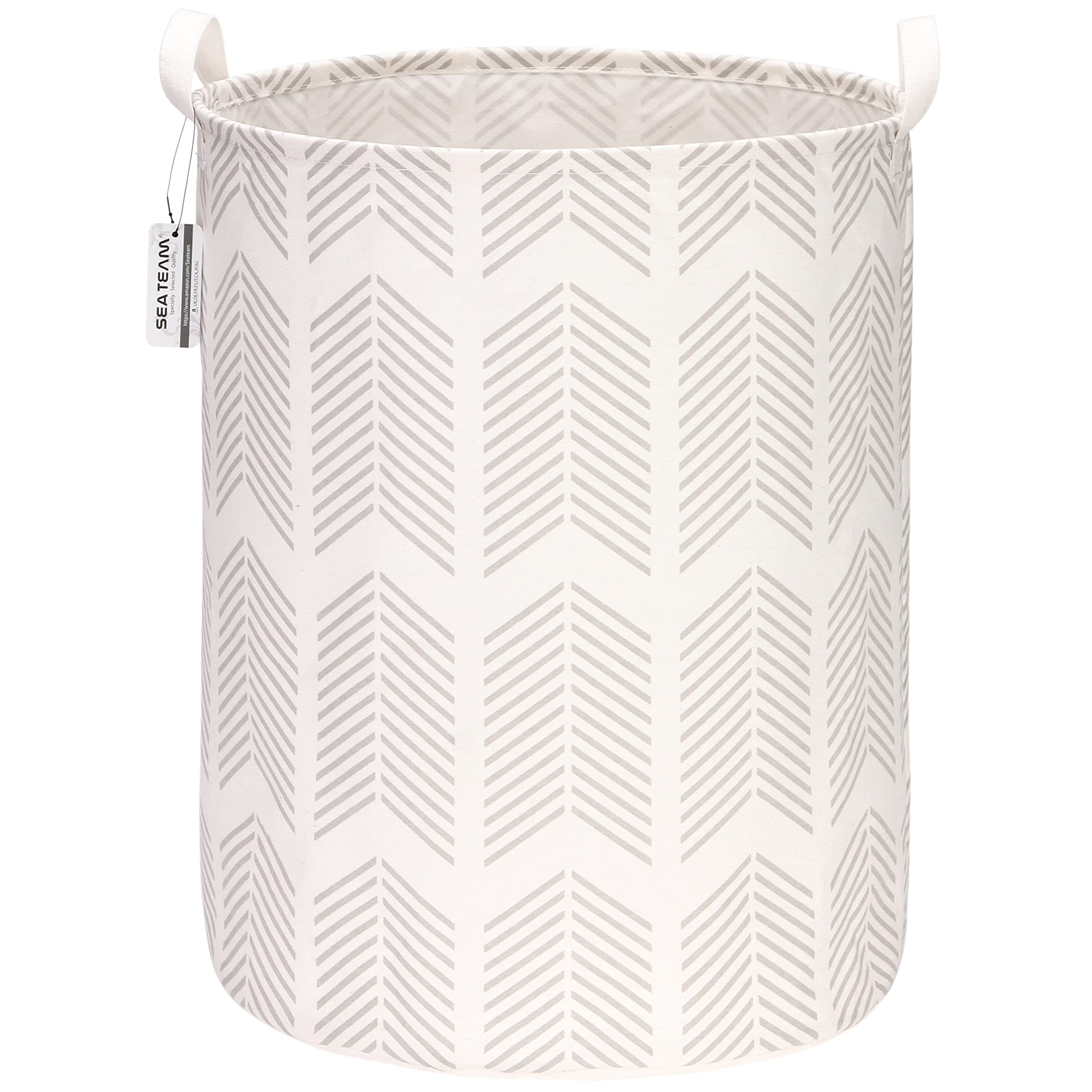 Sea Team 19.7 Inch Large Sized Waterproof Coating Ramie Cotton Fabric Folding Laundry Hamper Bucket Cylindric Burlap Canvas Storage Basket with Stylish Fishbone Grey Design — image 1