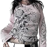 Women Y2K Gothic Graphic Print Long Sleeve Tops Grunge Crew Neck Vintage Shirts Teen Girls Aesthetic Tee Tops