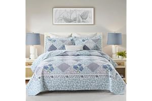 FineStichery 100% Cotton Oversized Quilt Bedspread 128"x120", Lightweight California King Bedspreads Coverlets, Extra Large Floral Quilt, Quilted Reversible Bedding Cover, 3 Piece, Blue