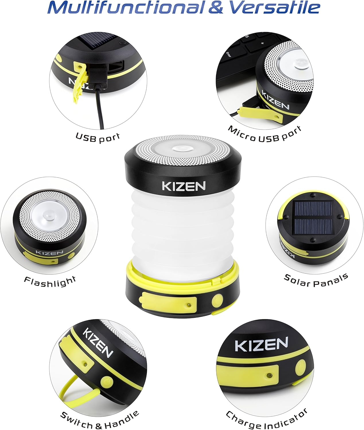 Kizen LED Camping Lanterns - Solar Powered or USB Rechargeable Emergency Lights - Collapsible Camp Lanterns for Power Outages, Night Hiking & Camping, Yellow: Home Improvement