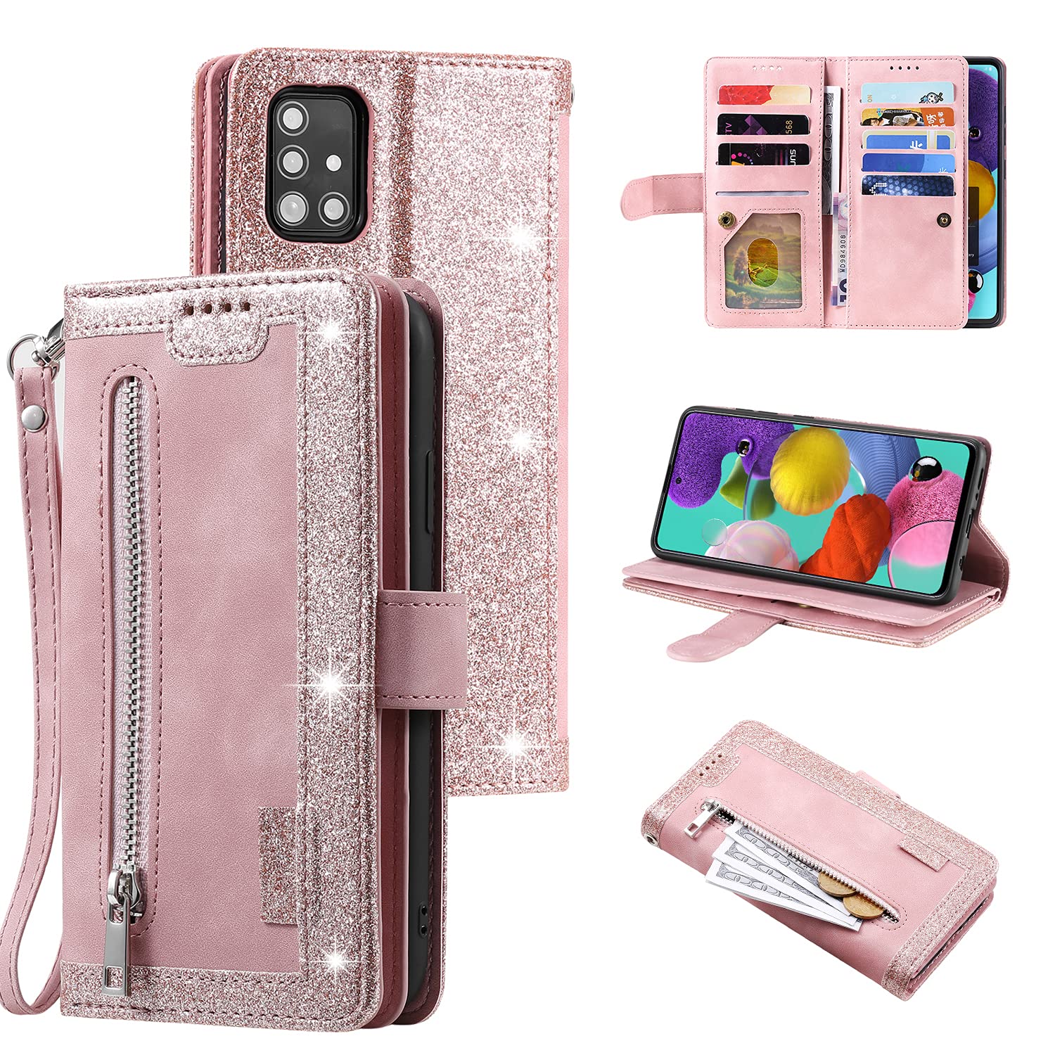 UEEBAI Wallet Case for Samsung Galaxy A51, Retro 9 Card Holder Slots Zipper Pocket Handbag Case PU Leather Magnetic Closure Kickstand with Wrist Strap TPU Shockproof folio Case - Rose Gold