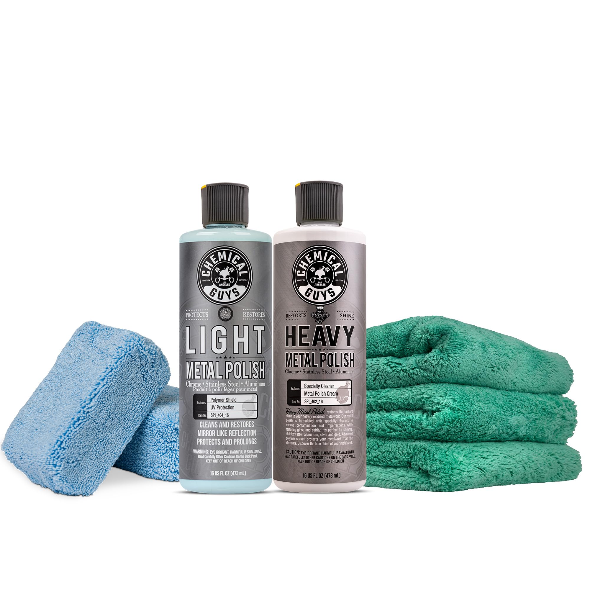 Chemical Guys SPI40916 Light & Heavy Metal Polish Kit, Restore, Protect, & Shine, 2-16 fl oz + MIC_292_02 Microfiber Applicator, Blue, 2 Pack + Happy Ending Microfiber Towel, Green, (16" x 16") 3 Pack Image