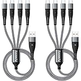 Aywenny Multi Charging Cable 2Pack 4FT Nylon Braided Universal 4 in 1 Multiple USB Cable 3A,with 4 USB-C Port Adapter,Compati