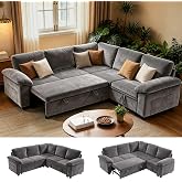 86" L-Shaped Sectional Sleeper Couch, Modular Pull-Out Storage Sofa Bed | MastonHome Convertible 5 Seat Cloud Couch with Pillow Armrests, Chenille Fabric, for Living Room, Apartment, Grey