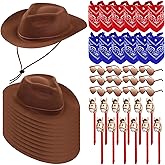 Xtinmee 48 Pcs Kids Cowboy Party Favor with Cowboy Hats Inflatable Stick Horses Bandanas Heart Glasses for Kid Costume(Brown)