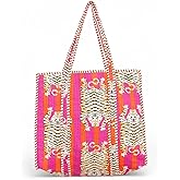 Cotton Tiger Block Print Tote Bag, Handmade Indian Shopping Shoulder Bag, Unisex Market Daily Use