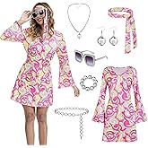 GFNWERTD 70s Disco Outfits for Women, 7 Pcs 60s Outfits Hippie Costume Women Accessories Jewelry Prom Bling Dress