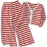 WDIRARA Girl's Striped 2 Piece Outfit Bow Cardigan Wide Leg Pants Set Cute Outfits