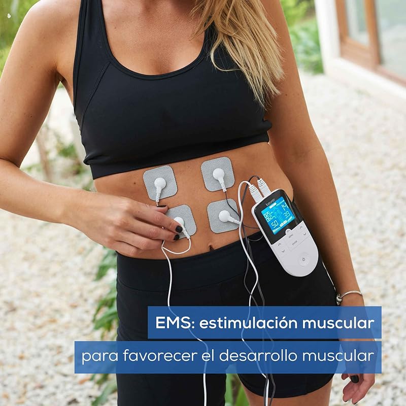 Beurer em 49 tens/ems digital, dispositivo de corrente de estimulação 3 em 1 para alívio da dor e treinamento, função de massagem, inclui 4 eletrodos, branco